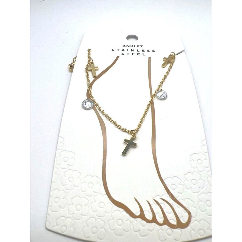 Gold‑Tone Cross & Crystal Charm Anklet/Bracelet – Adjustable 8–9.75”